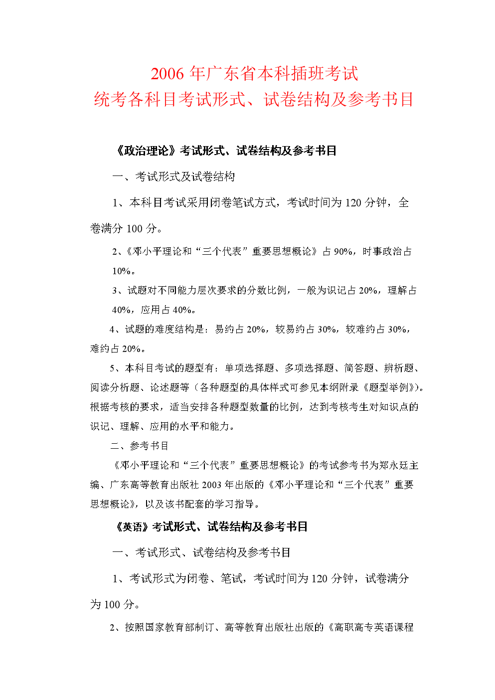 电大---2006年广东省本科插班考试统考各科目
