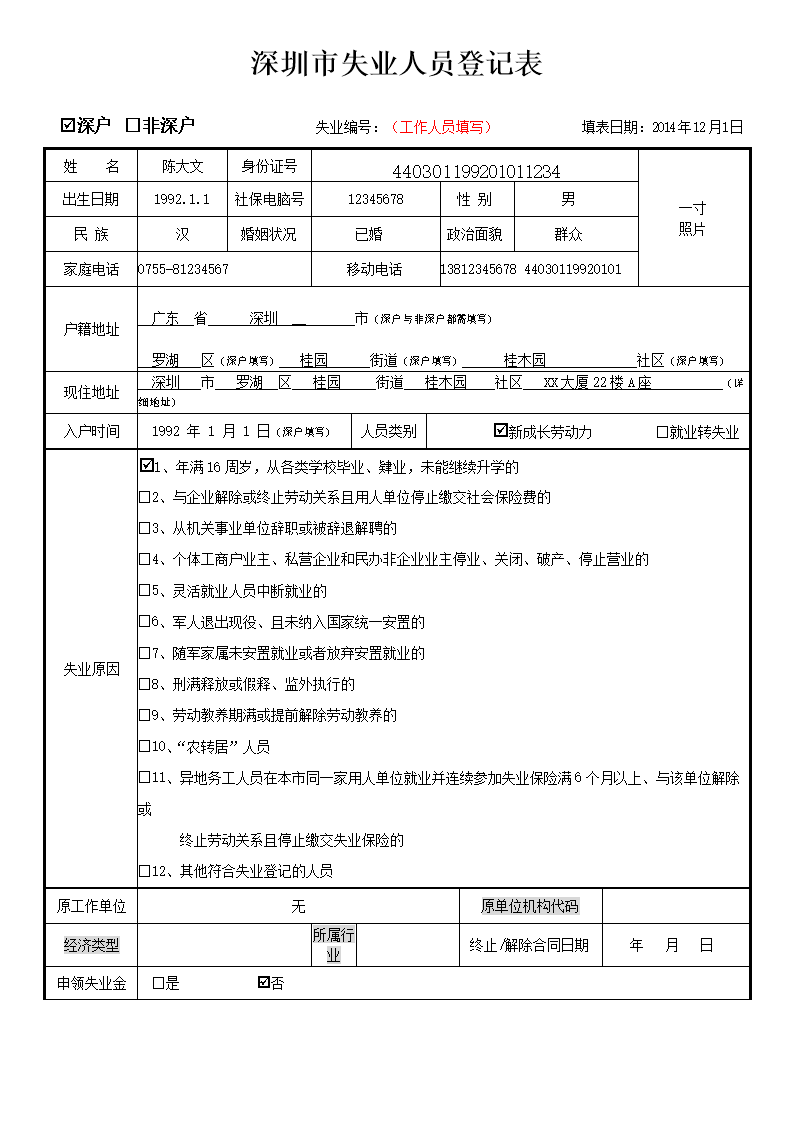 深圳市失业人员登记表.doc