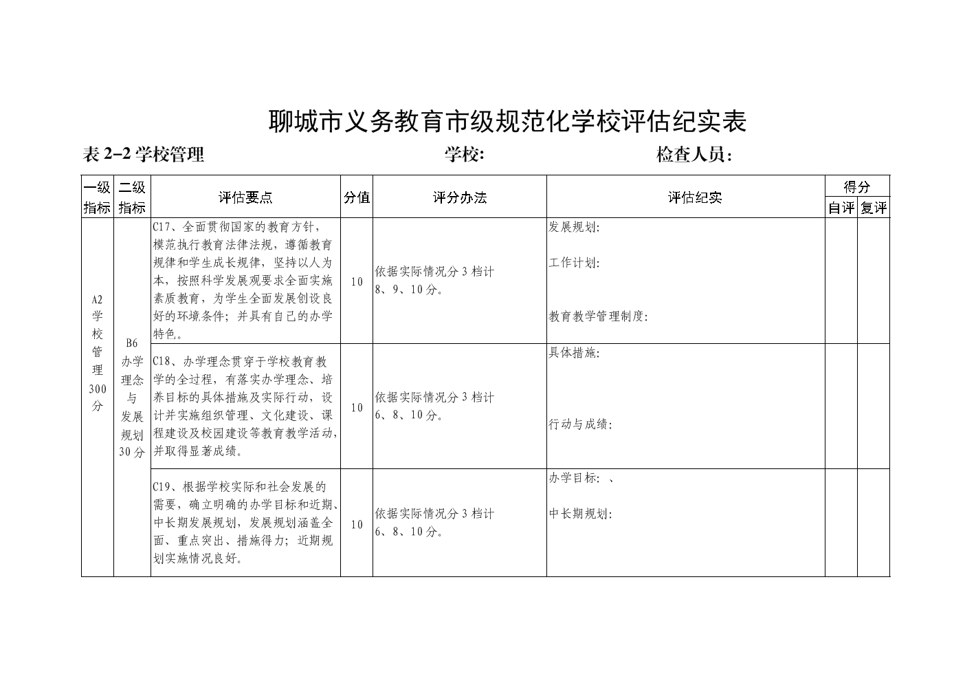 《聊城市义务教育市级规范化学校评估纪实表》
